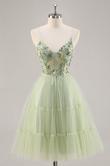 Sparkly Green Floral Tulle Corset A Line Midi Cocktail Dress